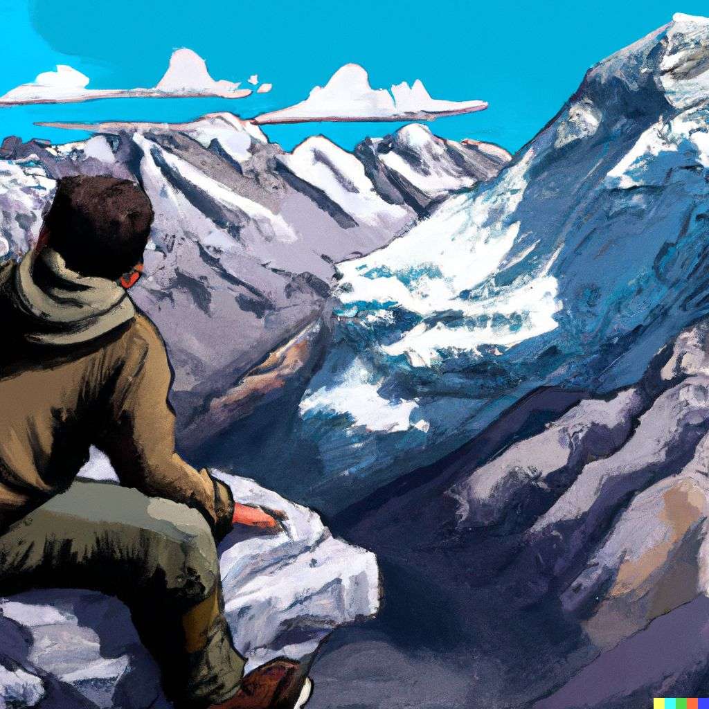 someone gazing at Mount Everest, digital art, 2.5D style